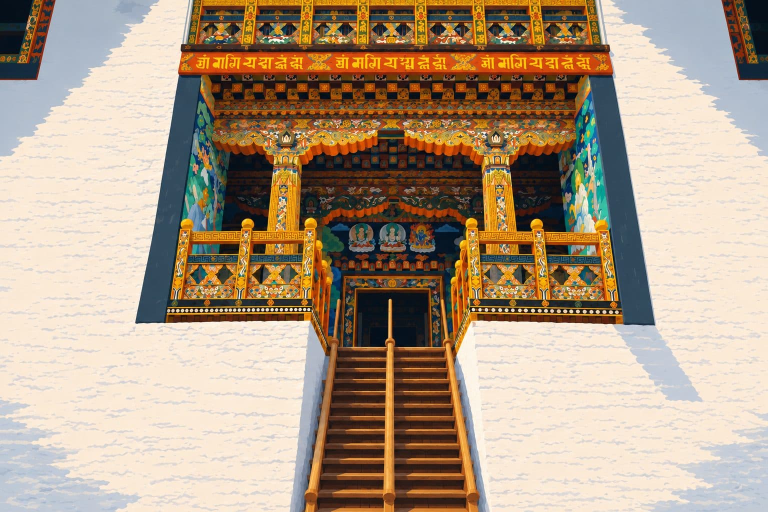 Carved and gilded entrance stairway of a dzong