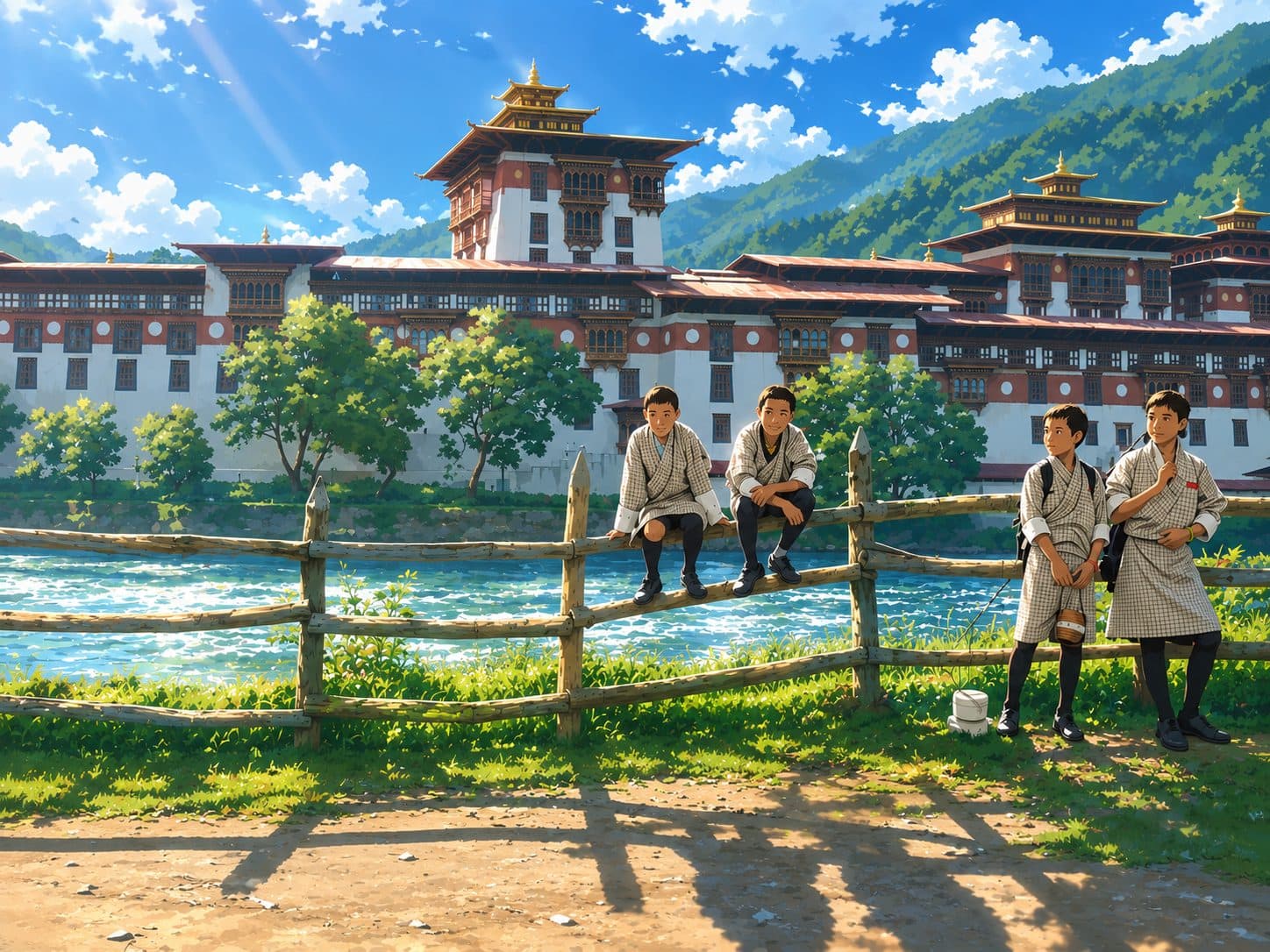 Students by the river below Punakha Dzong
