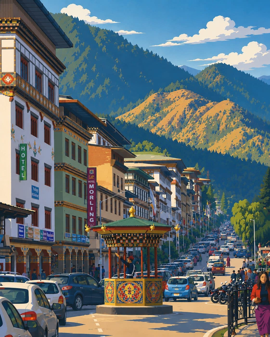 A Bhutanese town street beneath forested hills