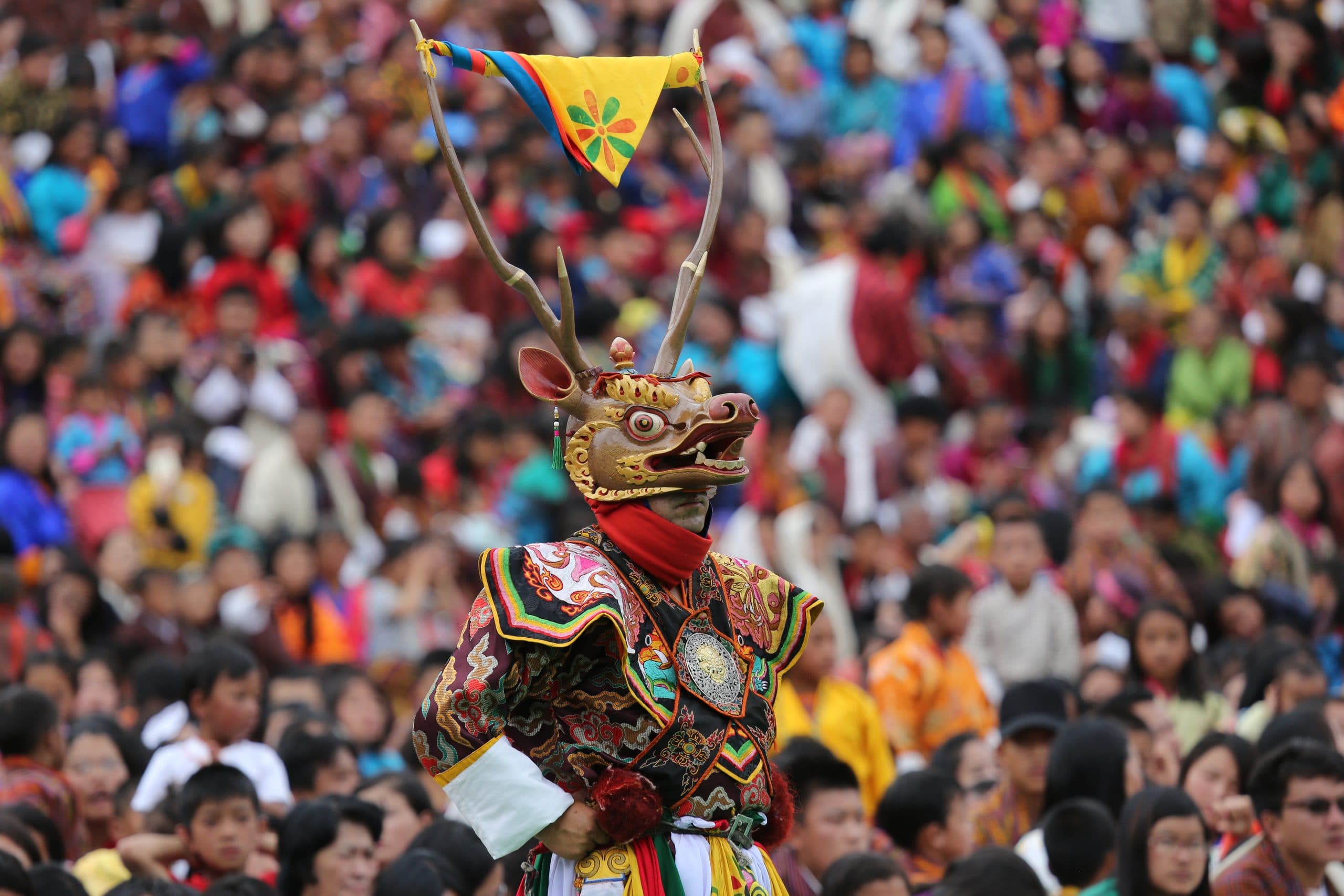 Tamshing Phala Choepa mask dance in the Tamshing Lhakhang courtyard, Bumthang