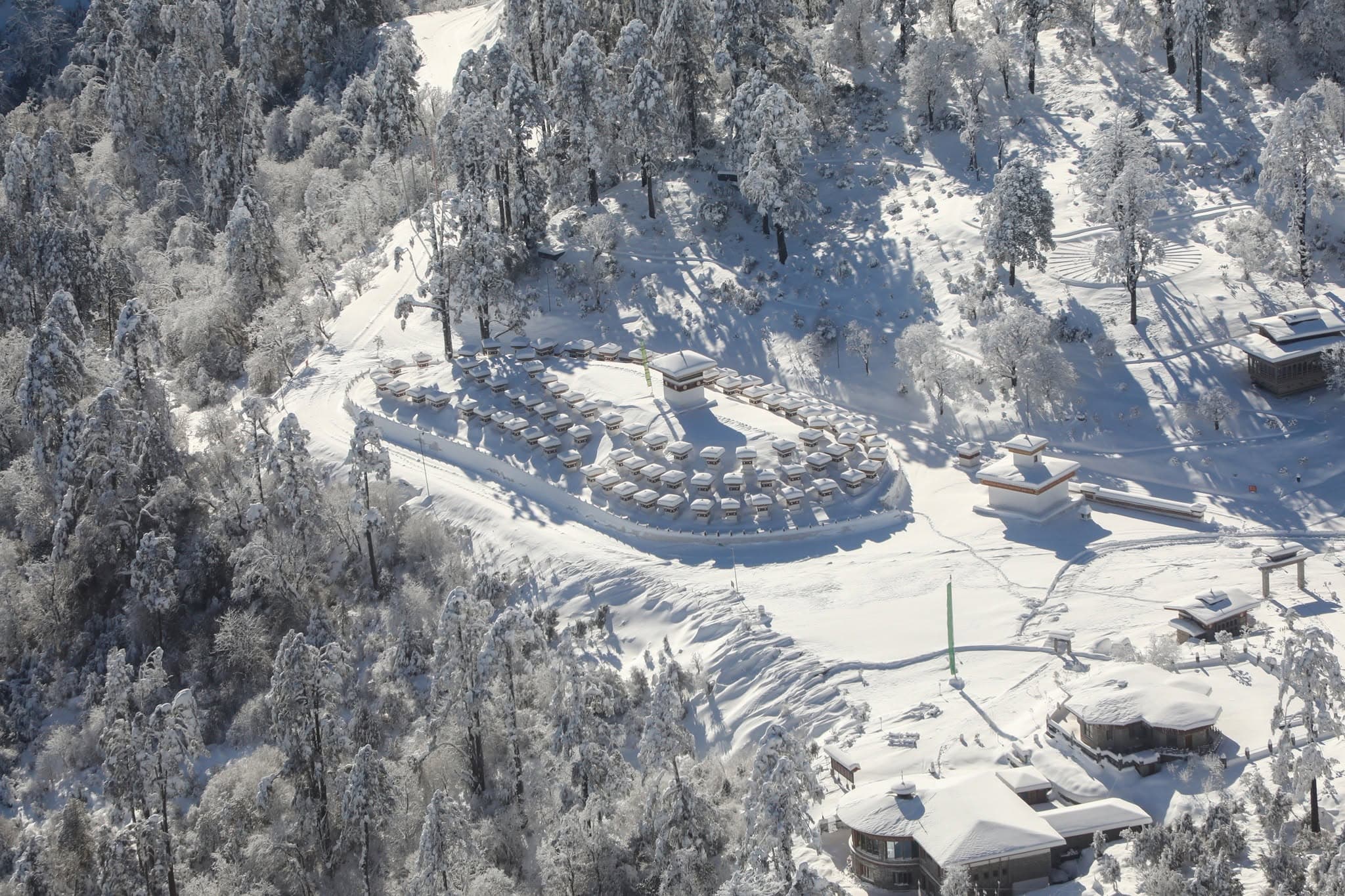 The chortens at Dochula pass, the Himalaya behind