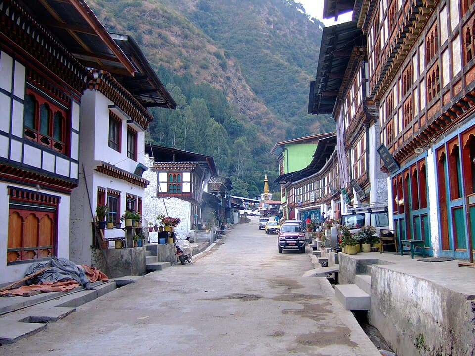 A street in the eastern Bhutanese hills, the kind of town the memoir is set in
