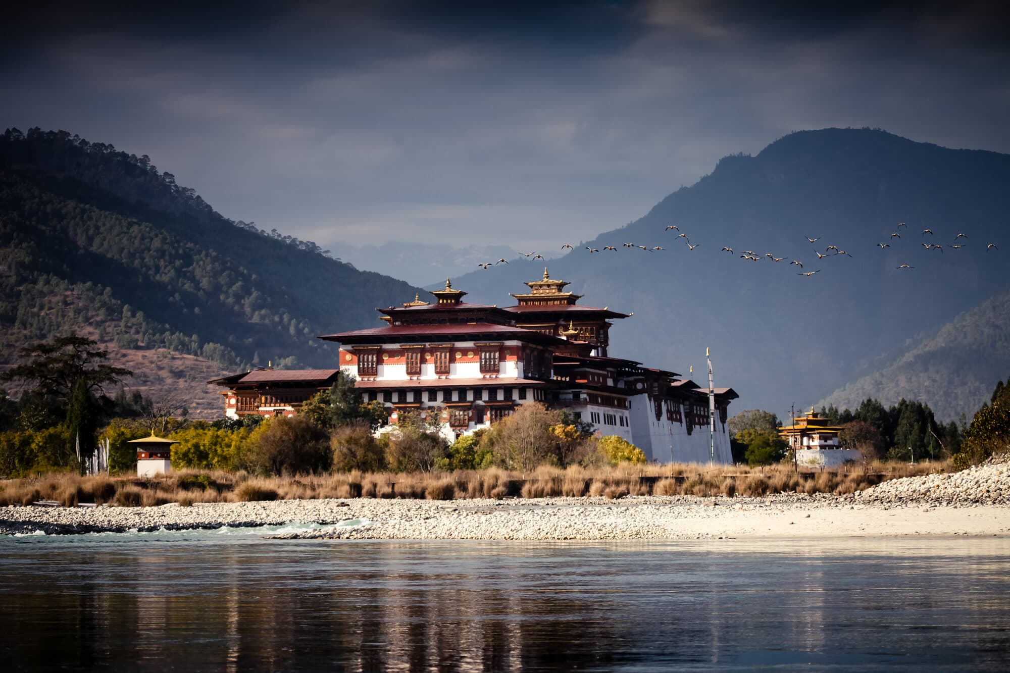 Tango Goemba — the curved-façade monastic university above the Thimphu valley