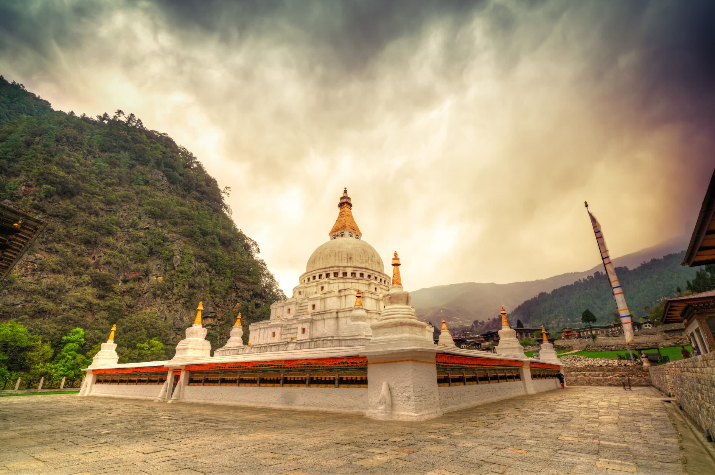 Chendebji Chorten — the Nepali-style white stupa with painted Buddha-eyes by the river