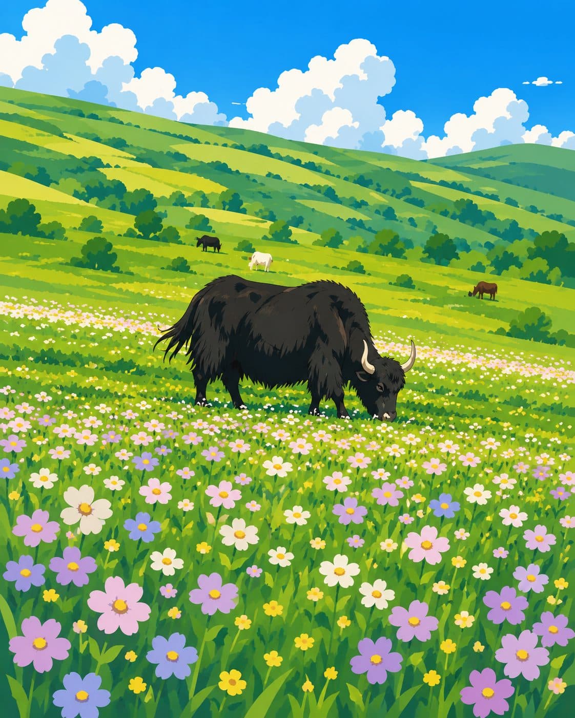 A yak grazing among wildflowers in the Phobjikha valley