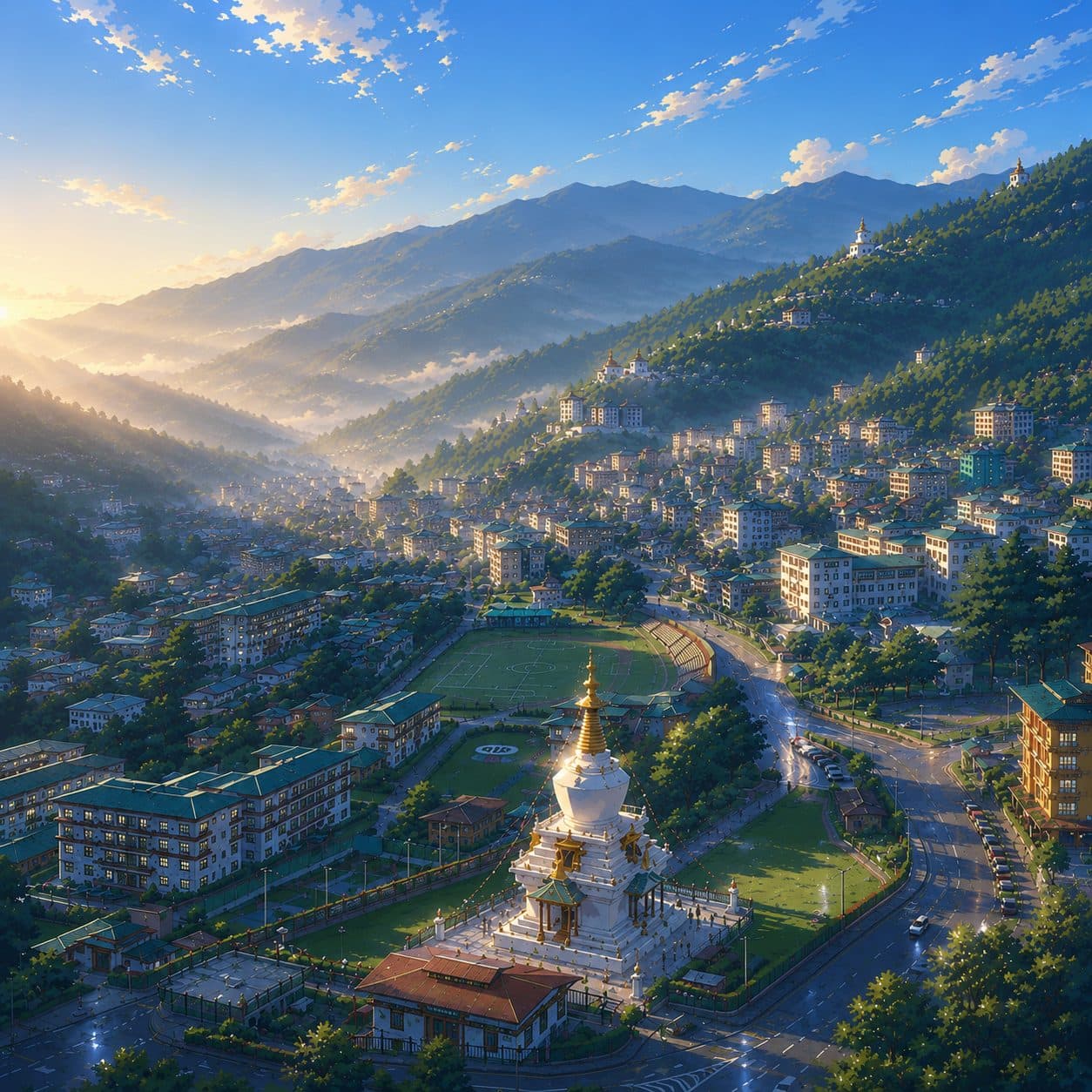 Thimphu at first light, the National Memorial Chorten below the ridge