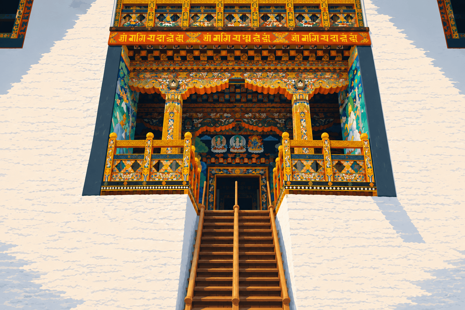 Carved and gilded entrance stairway of a dzong