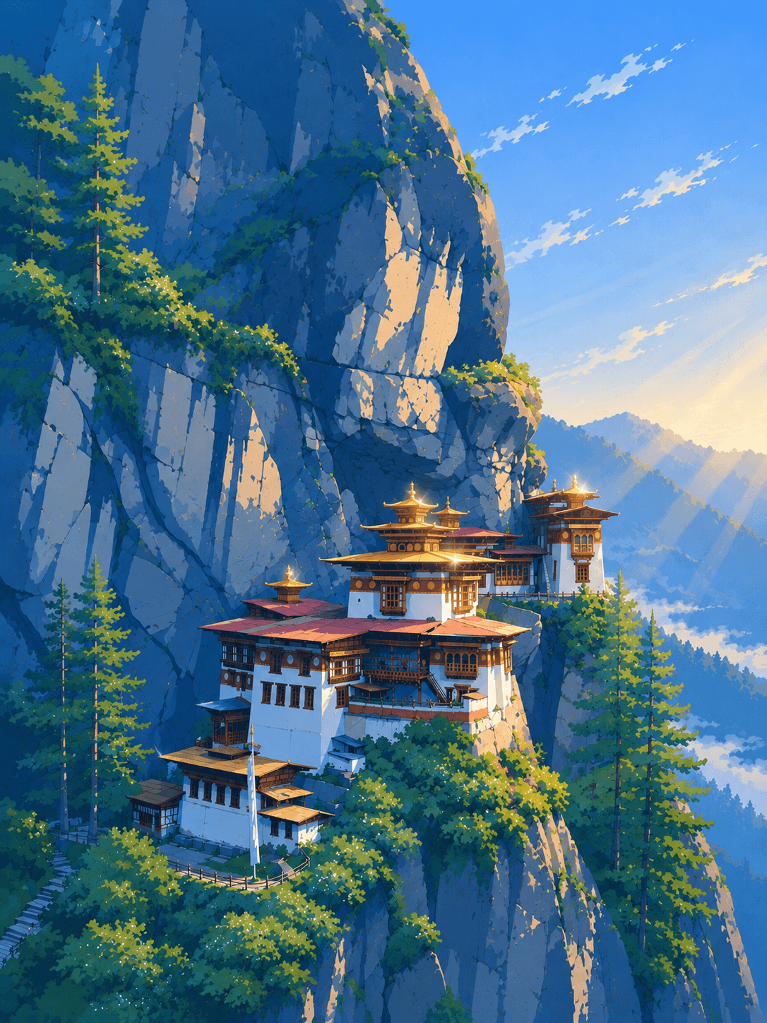 Paro valley — rice fields, the Pa Chhu, Rinpung Dzong on the ridge