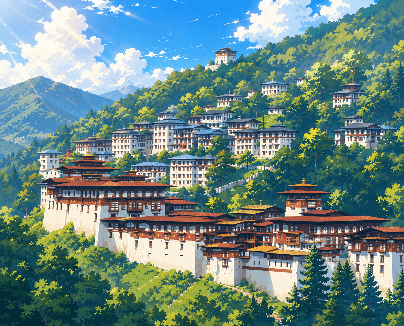 Trongsa Dzong — the long ridge above the Mangde Chhu gorge